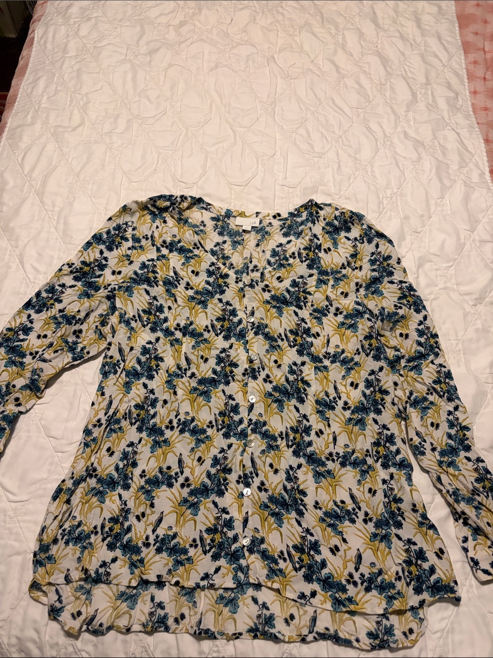 J Jill Floral Button Front Top XL Long Sleeve Birds Workwear Rayon Blouse Summer